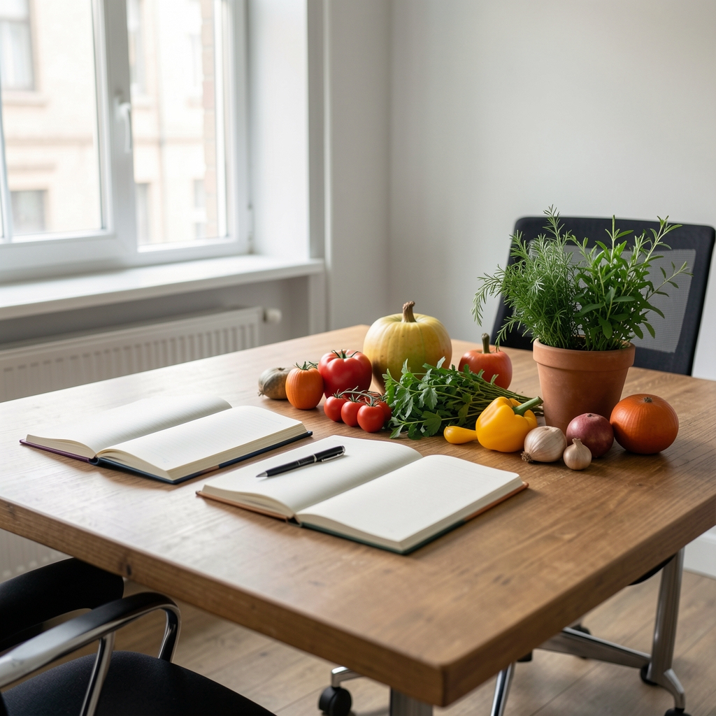 Quiet editorial office space with a wooden desk, open notebooks, and a simple arrangement of seasonal produce and herbs in natural morning light