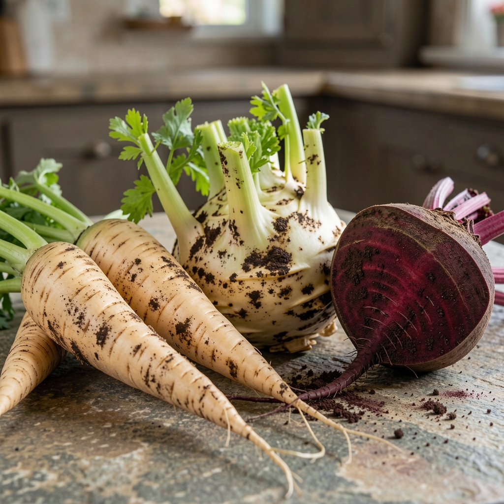 Close-up of freshly harvested root vegetables including parsnips, celeriac, and beetroot still with soil on their skins, arranged on a stone kitchen surface
